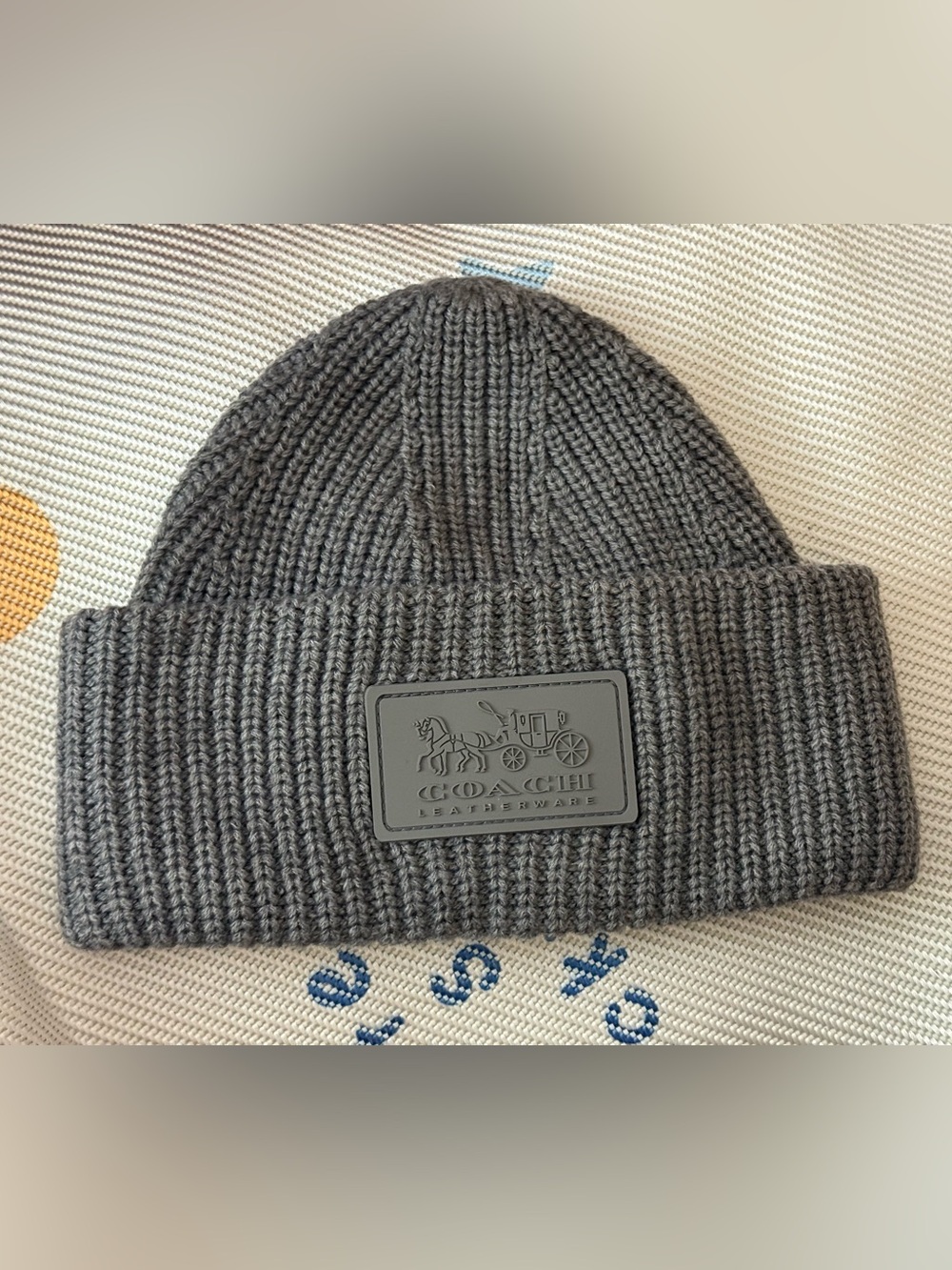 Coach Gray Ribbed Knit Beanie Hat Horse & Carriage Logo Patch NWOT